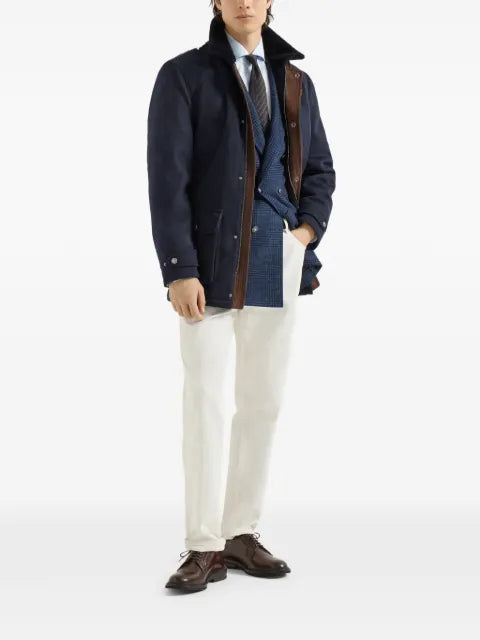 Brunello Cucinelli bonded cashmere beaver cloth field jacket with shearling lining and nappa leather inserts