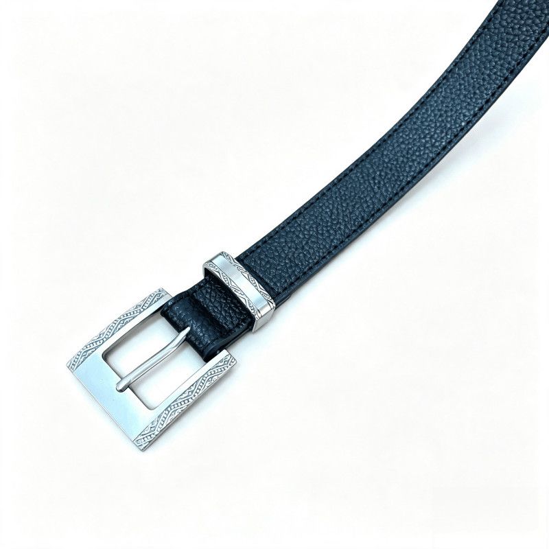Litchi Grain Cowhide Belt Vintage Engraved Pin Buckle Waist Belt