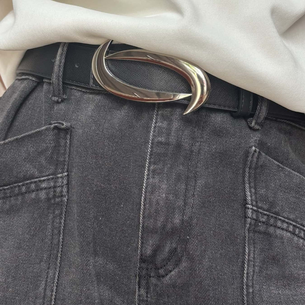 Curved Metal Buckle Full Grain Leather Belt Black Casual Mens Waist
