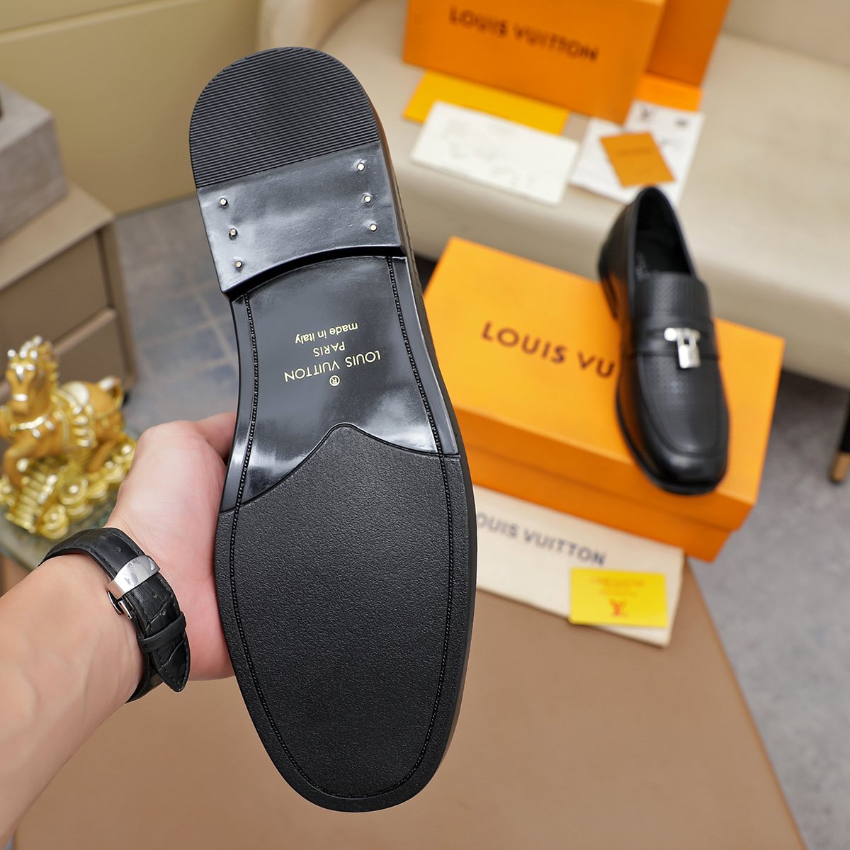 Louis Vuitton Black Textured Loafers - Silver-Tone Hardware