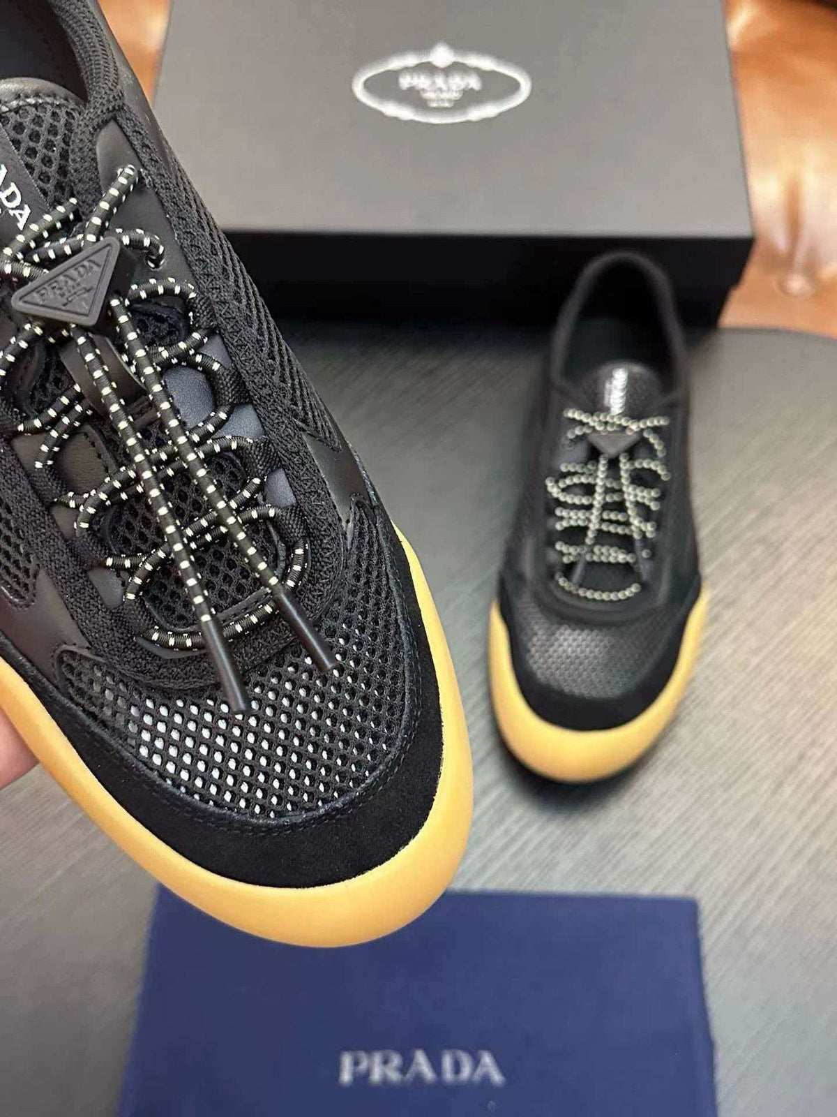 Prada Men's Black Sneakers with Yellow Sole