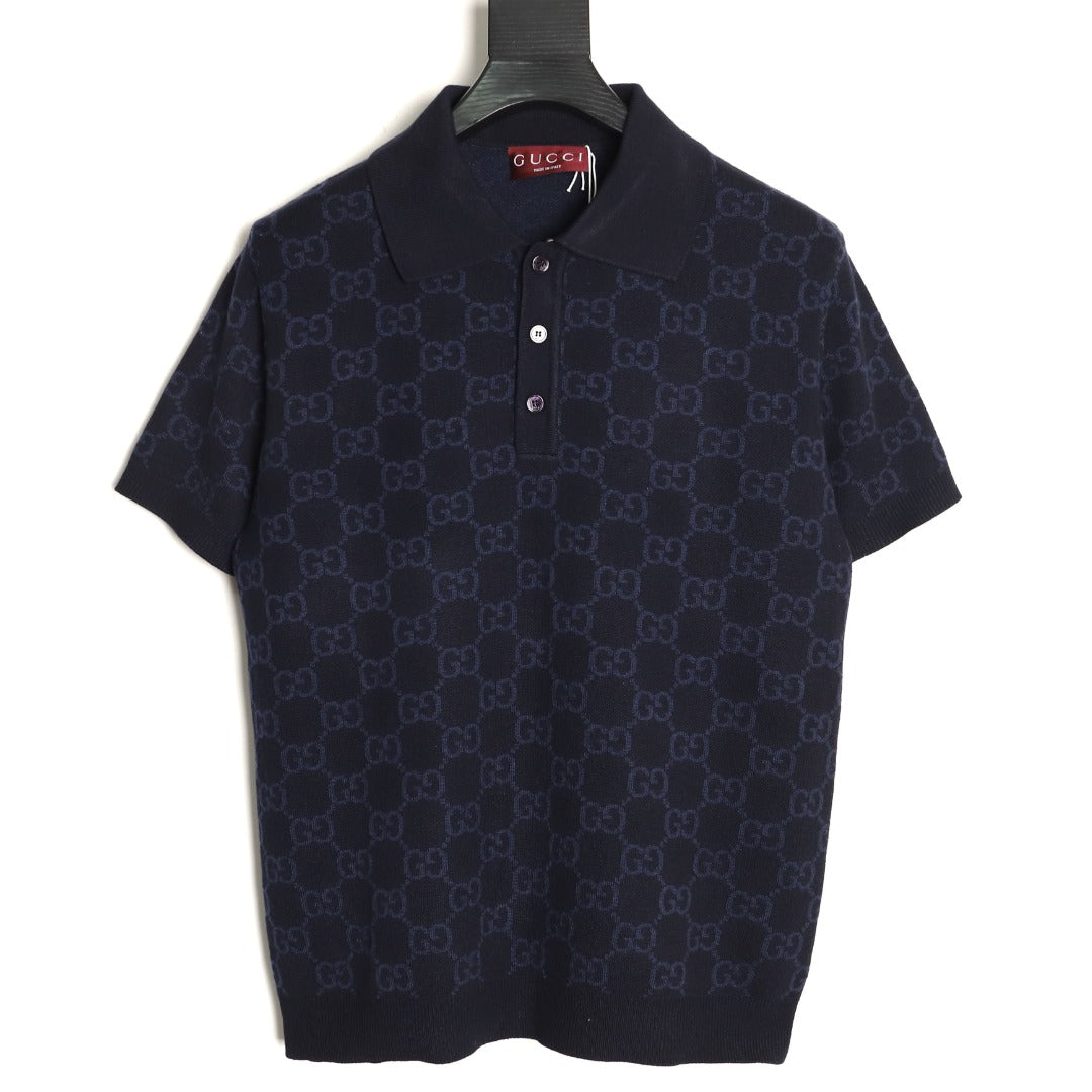 Gucci Tonal Allover-Pattern Short-Sleeve Knit Polo Shirt - Navy